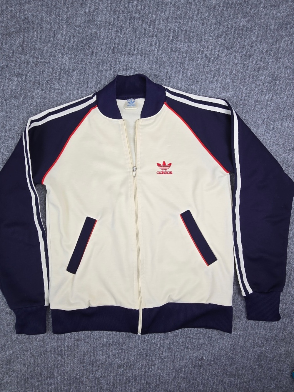 VTG 80s Adidas Trefoil Track Jacket Cream Navy Red Size L (Fits Smaller 19x23)